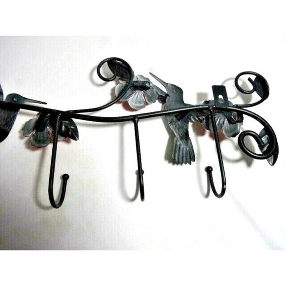 Hummingbird Garden Metal Wall Art Scroll Vine Hand Painted Flowers 4-Hooks NEW - Picture 5 of 5
